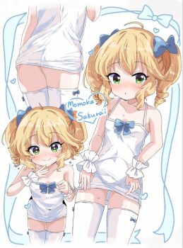 +_+ ahoge armpit_crease arms_up ass bare_shoulders blue_bow bow bow_background bow_legwear breast_cutout breasts bright_pupils clothing_cutout collarbone cowboy_shot dot_nose dress drill_hair gluteal_fold green_eyes hair_bow hands_on_own_hips heart idolmaster idolmaster_cinderella_girls idolmaster_cinderella_girls_u149 leaning_forward light_blush looking_at_viewer medium_hair navel_cutout open_mouth remiri_nicoeli sakurai_momoka shiny_skin simple_background small_breasts smile spoken_heart sundress thigh_gap thighhighs twin_drills twintails white_background white_thighhighs wrist_cuffs