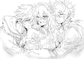 Rule 34 | 1girl, 2boys, astercatto, caelus (honkai: star rail), closed eyes, clothing cutout, collar, commentary, dan heng (honkai: star rail), dan heng (permansor terrae) (honkai: star rail), dragon boy, dragon horns, earrings, english commentary, evernight (honkai: star rail), eyelashes, flower, greyscale, group hug, hair between eyes, hair flower, hair ornament, hairclip, highres, honkai: star rail, honkai (series), horns, hug, jacket, jewelry, light blush, lineart, long hair, long sleeves, low ponytail, march 7th (honkai: star rail), monochrome, multiple boys, pointy ears, ponytail, shirt, sidelocks, simple background, single earring, smile, tears, trailblazer (honkai: star rail)