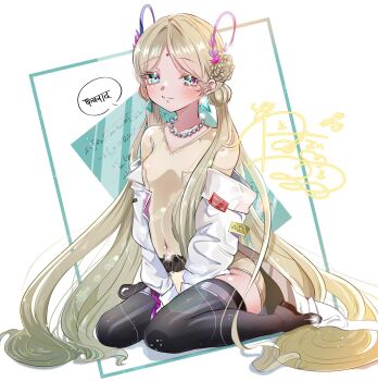 1girl bindi blonde_hair coat earrings goslingwallows green_eyes heaven_burns_red highres indian indian_text jewelry long_hair sitting solo thighhighs triangle_earrings vritika_balakrishnan wariza white_coat