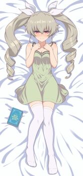 1girl ada_badguy anchovy_(girls_und_panzer) bed belt black_belt black_cape black_necktie black_skirt blush book cape curvy dakimakura_(medium) dress drill_hair full_body girls_und_panzer grey_hair highres looking_at_viewer lying necktie on_back on_bed red_eyes simple_background skirt solo thighhighs twintails white_thighhighs wide_hips