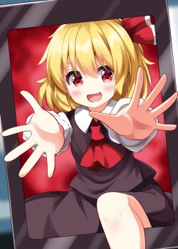 1girl :d ascot black_skirt black_vest blonde_hair blush collared_shirt commentary_request dot_nose fang hair_between_eyes hair_ribbon highres knee_up long_sleeves open_mouth outstretched_arms reaching reaching_towards_viewer red_ascot red_eyes red_ribbon ribbon rumia ruu_(tksymkw) shirt short_hair skirt skirt_set smile solo touhou vest white_shirt