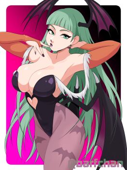 1girl absurdres animal_print arm_behind_head armpits arms_up barfchan bat_print bat_wings black_leotard breasts bridal_gauntlets capcom cleavage clothing_cutout darkstalkers demon_girl demon_wings female_focus finger_to_mouth fur-trimmed_leotard fur_trim green_eyes green_hair head_wings heart_cutout highleg highleg_leotard highres large_breasts leotard long_hair low_wings marvel_vs._capcom marvel_vs._capcom_3 matching_hair/eyes morrigan_aensland off-shoulder_leotard pantyhose print_pantyhose purple_pantyhose purple_wings simple_background solo very_long_hair watermark wings
