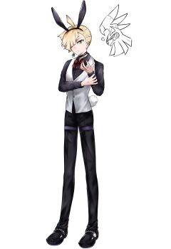 Rule 34 | 1boy, alternate costume, black choker, black pants, black shirt, black shoes, blonde hair, bow, bowtie, choker, collared shirt, commentary request, dress shirt, gen 7 pokemon, gladion (pokemon), green eyes, heart, highres, legendary pokemon, loafers, long sleeves, looking at viewer, male focus, nintendo, pants, pokemon, pokemon sm, red bow, red bowtie, shirt, shoes, short hair, silvally, simple background, sino (pcxg4558), studded choker, v-shaped eyebrows, vest, white background, white vest