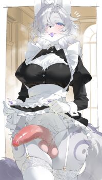 1girl absurdres ahoge animal_ears animal_nose apron black_dress blush body_fur border breasts buttons byeon_dha chest_fur cleavage_cutout closed_mouth clothes_lift clothing_cutout colored_eyelashes colored_tongue come_hither commentary commission cowboy_shot curtained_hair dress dress_lift eyes_visible_through_hair foreskin frilled_apron frilled_thighhighs frills furry furry_female futanari garter_belt garter_straps hair_over_one_eye half-erect heart heart_ahoge highres holding_own_dress juliet_sleeves lace lace-trimmed_garter_belt lace-trimmed_thighhighs lace_trim leg_tattoo long_sleeves looking_at_viewer maid maid_apron medium_breasts original parted_bangs penis presenting_penis pubic_hair puffy_sleeves purple_eyes purple_pupils purple_tongue smile solo tail tattoo testicles thighhighs tongue tongue_out untranslatable_commentary veins veiny_penis waist_apron white_apron white_border white_fur white_garter_belt white_garter_straps white_hair white_thighhighs wolf_ears wolf_girl wolf_tail wrist_cuffs