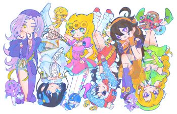 Rule 34 | 6+girls, aerosmith (stand), black eyes, black hair, blonde hair, blue bow, blue eyes, boots, bow, bruno bucciarati, cleavage cutout, closed mouth, clothing cutout, commentary request, debufpawaamhcxf, dress, genderswap, genderswap (mtf), giorno giovanna, gold experience, green eyes, guido mista, hair bow, hairband, high heel boots, high heels, highres, jojo no kimyou na bouken, leone abbacchio, moody blues (stand), multiple girls, narancia ghirga, navel, navel cutout, one eye closed, open mouth, orange bow, pannacotta fugo, pink dress, purple eyes, purple haze (stand), sex pistols (stand), simple background, smile, stand (jojo), sticky fingers (stand), thighhighs, tongue, tongue out, vento aureo, white background, white boots, yellow eyes
