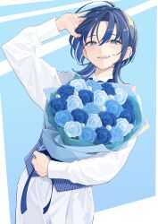 Rule 34 | 1girl, absurdres, alternate costume, arm up, blue background, blue eyes, blue flower, blue hair, blue rose, blue vest, blush, bouquet, cowboy shot, earclip, flower, highres, hiodoshi ao, holding, holding bouquet, hololive, hololive dev is, long sleeves, looking at viewer, mole, mole under mouth, pants, parted lips, rose, shirt, short hair, simple background, smile, solo, striped clothes, striped vest, vest, virtual youtuber, white pants, white shirt, yuri yutaka
