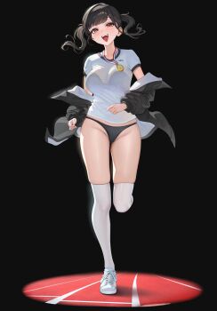 1girl absurdres black_background black_hair black_jacket black_panties bra_visible_through_clothes breasts commentary fang floating_hair goddess_of_victory:_nikke gym_shirt highres jacket large_breasts long_sleeves looking_at_viewer medal mole mole_under_eye no_pants off_shoulder open_clothes open_jacket open_mouth panties puffy_long_sleeves puffy_sleeves red_eyes running running_track shirt shoes short_sleeves simple_background skindentation sneakers socks solo sora_(nikke) swept_bangs thighhighs twintails underwear white_shirt white_shoes white_socks white_thighhighs young999999990