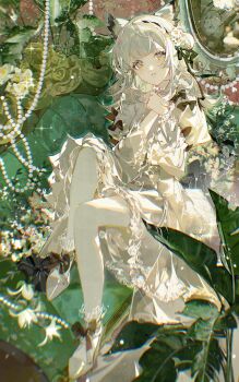 Rule 34 | 1girl, alternate costume, arknights, bead necklace, beads, black bow, blunt bangs, bow, chinese commentary, commentary request, couch, dress, feather hair, full body, hands up, highres, indai (3330425), indoors, jewelry, knees up, leaning back, long hair, long sleeves, looking at viewer, necklace, on couch, owl ears, pantyhose, parted lips, plant, ptilopsis (arknights), shoes, sitting, solo, sparkle, white dress, white hair, white pantyhose, white shoes, yellow eyes