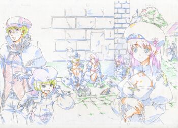 4boys 4girls arch_bishop_(ragnarok_online) beret biretta blue_dress blue_eyes book breasts newsboy_cap cleavage cleavage_cutout closed_mouth clothing_cutout commentary_request cross crystal dress flower gloves grey_eyes hat hat_flower hat_ornament holding holding_sack jacket juliet_sleeves long_hair long_sleeves looking_at_another looking_to_the_side mechanic_(ragnarok_online) medium_breasts merchant_(ragnarok_online) mori_shin_risuku multiple_boys multiple_girls open_mouth outdoors pants pink_flower pink_hair plume pointy_ears potion priest_(ragnarok_online) puffy_sleeves ragnarok_online red_shirt rogue_(ragnarok_online) sack shako_cap shirt short_hair sitting skull_hat_ornament smile squatting standing star_(symbol) star_hat_ornament tam_(ragnarok_online) thief_(ragnarok_online) topless_male tree two-tone_dress upper_body white_dress white_hat wizard_(ragnarok_online)