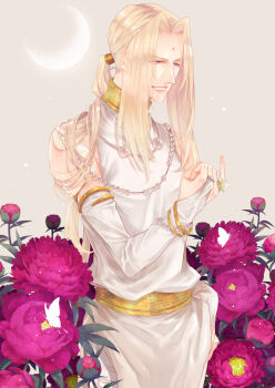 1boy absurdres armlet bindi bridal_gauntlets bug butterfly expressionless flower flower_ring highres bug jewelry konzen_douji leaf long_hair male_focus moon necklace ponytail purple_eyes rui_yuda saiyuki sidelocks solo