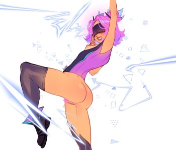 1girl arm_up ass black_shoes black_thighhighs blindfold breasts double_bun drooling female_pubic_hair hair_bun highres ilwha index_finger_raised league_of_legends nipples pink_hair pink_shirt pubic_hair pussy shiny_clothes shiny_skin shirt shoes simple_background small_breasts solo teeth thighhighs uncensored white_background withered_rose_zeri zeri_(league_of_legends)