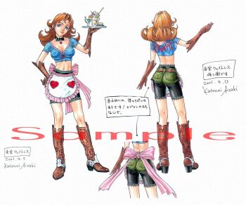 1girl aizaki_katsumi belt bike_shorts bike_shorts_under_shorts boots brown_gloves closed_mouth cowboy_boots dated denim denim_shorts earrings full_body gloves grandia grandia_xtreme heart heart_earrings highres jewelry long_hair looking_at_viewer navel official_art short_shorts shorts simple_background solo white_background