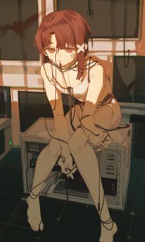 1girl absurdres asymmetrical_hair bare_shoulders barefoot brown_eyes brown_hair computer computer_tower dress entangled expressionless hair_ornament hairclip half-closed_eyes harumimi highres iwakura_lain monitor parted_lips serial_experiments_lain shadow short_hair single_sidelock sitting solo spaghetti_strap sunlight white_dress wire x_hair_ornament
