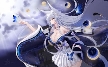 1girl animal_ear_fluff animal_ears azur_lane bare_shoulders blue_butterfly blue_kimono breasts bug butterfly butterfly_on_hand cleavage collarbone commentary detached_collar english_commentary grey_hair highres huge_breasts insect japanese_clothes kimono long_hair long_sleeves miniskirt moon_phases pakaono pleated_skirt shinano_(azur_lane) skirt solo very_long_hair white_skirt wide_sleeves