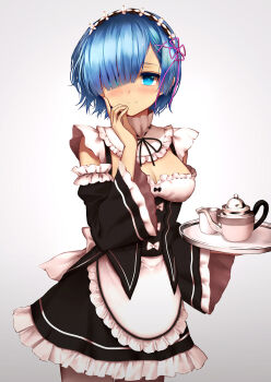 10s 1girl apron black_pantyhose black_ribbon blue_eyes blue_hair blush breasts cleavage closed_mouth coffee_mug coffee_pot cowboy_shot cup detached_sleeves female_focus hair_over_one_eye hair_ribbon highres long_sleeves looking_at_viewer maid maid_apron matching_hair/eyes medium_breasts mug pantyhose pink_ribbon re:zero_kara_hajimeru_isekai_seikatsu rem_(re:zero) ribbon short_hair smile solo standing tray wide_sleeves zen33n