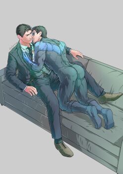 2boys artist_name ass bara batman_(series) belt black_bodysuit black_hair black_jacket black_pants black_vest blue_bodysuit bodysuit bodysuit_pull bruce_wayne couch dc_comics dick_grayson domino_mask evinist eye_mask father_and_son formal_clothes highres imminent_kiss incest jacket looking_at_another lying male_focus mask multicolored_bodysuit multiple_boys muscular muscular_male necktie nightwing on_back on_couch open_clothes open_jacket pants parted_lips shirt short_hair taut_bodysuit taut_clothes thick_thighs thighs two-tone_bodysuit vest white_shirt yaoi