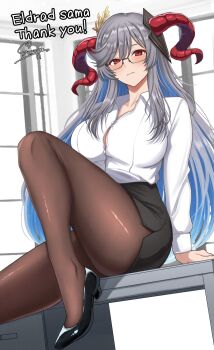 1girl alternate_costume artist_name black_shoes black_skirt blush breasts brown_pantyhose closed_mouth colored_inner_hair commentary commission desk english_text fire_emblem fire_emblem_heroes freyja_(fire_emblem) glasses goat_horns grey_hair hair_between_eyes highres horns large_breasts long_hair looking_at_viewer multicolored_hair nintendo on_desk pantyhose pencil_skirt pixiv_commission red_eyes shirt shoes sidelocks sitting skirt solo surippa1010 thighs very_long_hair white_shirt