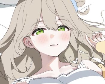 1girl blonde_hair blue_archive blush collarbone commentary_request green_eyes hair_bun long_hair looking_at_viewer momomoi_momoi nonomi_(blue_archive) portrait smile solo