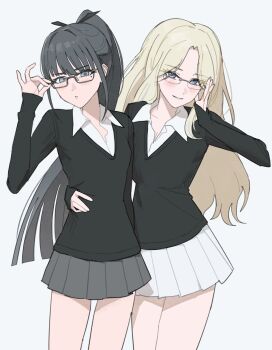 2girls absurdres adjusting_eyewear alternate_costume amaya_tsubame bespectacled black-framed_eyewear black_sweater blonde_hair blunt_bangs blunt_ends blush breasts cleavage commentary curtained_hair eeekusuhsss gakuen_idolmaster glasses grey_skirt hand_around_waist hand_on_eyewear highres idolmaster juo_sena long_hair looking_at_viewer miniskirt mole mole_under_eye multiple_girls open_collar pleated_skirt ponytail shirt simple_background skirt smile sweater symbol-only_commentary thighs v-neck very_long_hair white_background white_shirt white_skirt