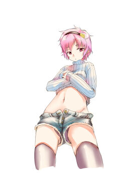 Rule 34 | 1girl, alternate costume, bad id, bad pixiv id, black thighhighs, clothes lift, denim, denim shorts, female focus, from below, hairband, heart, highres, komeiji satori, kurokuro, midriff, navel, panties, pink hair, ribbed sweater, shirt lift, short shorts, shorts, simple background, solo, sweater, sweater lift, thighhighs, touhou, underwear, upshorts, white background