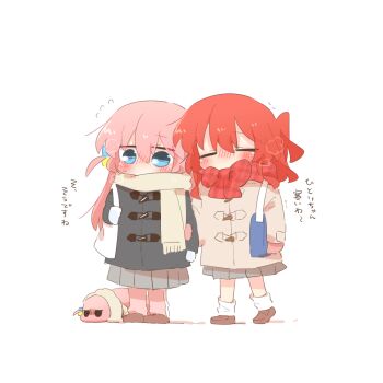 2girls bag black_coat blue_eyes blush bocchi_the_rock! bow brown_coat brown_shoes chibi chibi_only closed_eyes coat commentary_request cube_hair_ornament dual_persona duffel_coat full_body gloves gotoh_hitori gotoh_hitori_(tsuchinoko) grey_skirt hair_between_eyes hair_ornament holding_another's_arm kita_ikuyo long_hair long_sleeves multiple_girls one_side_up pink_gloves pink_hair plaid_clothes plaid_scarf pleated_skirt rebecca_(keinelove) red_hair red_scarf scarf scarf_bow shoes simple_background skirt socks standing translation_request white_background white_gloves white_scarf white_socks winter_clothes
