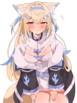 1girl absurdres animal_ear_fluff animal_ears bandaid bandaid_hair_ornament black_jacket blonde_hair blue_nails blue_streaks breasts cleavage closed_mouth dog_ears dog_girl dog_tail dress fur-trimmed_jacket fur_trim fuwawa_abyssgard fuwawa_abyssgard_(1st_costume) hair_ornament hairpin highres hololive hololive_english jacket large_breasts long_hair multicolored_hair nail_polish red_eyes streaked_hair tail tepenchi very_long_hair virtual_youtuber white_dress