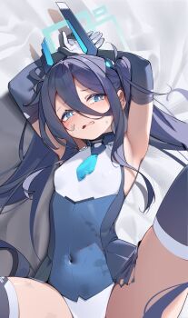 1girl aris_(armed)_(blue_archive) aris_(blue_archive) armpits arms_up black_hair blue_archive blue_eyes blue_necktie breasts chinese_commentary commentary_request covered_navel gloves hair_between_eyes halo highres leotard long_hair necktie official_alternate_costume painterliuhao small_breasts solo thighhighs variant_set