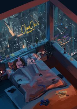 2girls absurdres aftersex ahoge alomomola black_hair blue_necktie book bottle bra breasts cigarette city completely_nude computer cup dark-skinned_female dark_skin drinking_glass from_above geeta_(pokemon) gen_1_pokemon gen_2_pokemon gen_4_pokemon gen_5_pokemon green_hair highres holding holding_cigarette implied_after_sex laptop laughing magikarp medium_breasts multiple_girls necktie nintendo nude panpour pansage pansear panties photo_(object) pokemon pokemon_sv rika_(pokemon) rotom rotom_phone shuckle small_breasts smile sotanghonn underwear unworn_bra unworn_clothes unworn_panties window wine_bottle wine_glass yuri