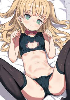 1girl absurdres black_bra black_panties black_thighhighs blonde_hair bow bowtie bra cat_cutout cleavage_cutout closed_mouth clothing_cutout flat_chest green_eyes hands_up head_on_pillow highres loli long_hair looking_at_viewer lying missing_commentary monomono navel on_back original panties paw_pose pillow red_bow red_bowtie smile solo spread_legs thighhighs two_side_up underwear
