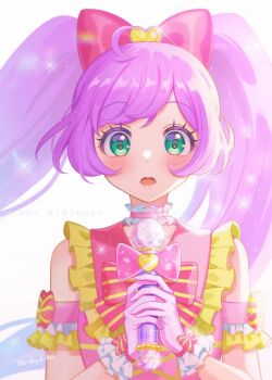 1girl 2025 :o ahoge blush bow choker detached_sleeves frilled_choker frilled_gloves frilled_shirt frilled_sleeves frills gloves green_eyes hair_bow hands_up happy_birthday highres holding holding_microphone idol idol_clothes long_hair looking_at_viewer manaka_laala mendamen microphone pink_bow pink_gloves pretty_series pripara purple_hair shirt sleeveless sleeveless_shirt solo straight-on straight_hair twintails twitter_username upper_body white_background