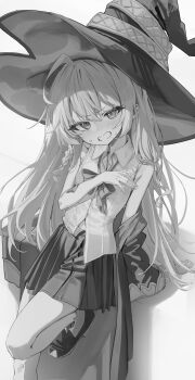 1girl absurdres ahoge bare_shoulders bow bowtie braid clenched_teeth collared_shirt elaina_(majo_no_tabitabi) glaring greyscale hair_between_eyes hand_on_own_chest hat highres kerno long_hair looking_at_viewer majo_no_tabitabi monochrome robe shirt skirt sleeveless sleeveless_shirt solo teeth white_hair witch_hat