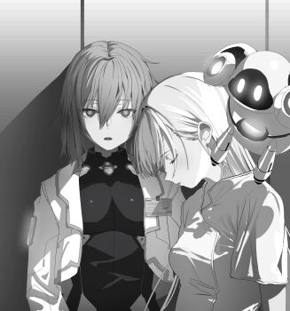 2girls absurdres android breasts closed_eyes commentary_request cropped cropped_jacket greyscale hair_between_eyes hakuchuumu_no_aojashin highres id_card indoors izumo_(hakuchuumu_no_aojashin) jacket kaito_(hakuchuumu_no_aojashin) leep-kun_(hakuchuumu_no_aojashin) long_hair looking_at_viewer medium_breasts medium_hair monochrome multiple_girls novel_illustration official_art open_clothes open_jacket open_mouth parted_lips second-party_source shimofuri short_sleeves sleeping yonagi_(hakuchuumu_no_aojashin)
