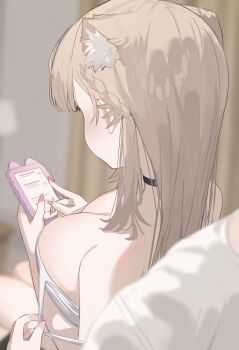 1boy 1girl animal_ears bare_shoulders black_choker blonde_hair blurry blurry_background blush braid breasts brown_hair cat_ears cat_girl choker cleavage commentary_request downblouse from_above from_behind half_up_braid highres holding holding_phone large_breasts long_hair looking_at_phone mayu_shirasaki original phone pink_nails shirt sitting sitting_on_lap sitting_on_person sleeveless sleeveless_shirt solo_focus sorotu spaghetti_strap straight_hair undressing_another white_shirt