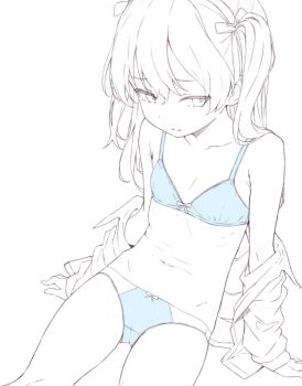 1girl absurdres blue_bra blue_panties bra clothes_down expressionless flat_chest girls_und_panzer highres long_hair looking_at_viewer navel one_side_up open_clothes open_shirt osanai_sanday panties shimada_arisu shirt simple_background sitting solo spot_color underwear