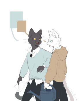 2boys absurdres black_fur blank_speech_bubble blue_eyes blue_sweater body_fur cat_boy cowboy_shot furry furry_male highres holding holding_paper hood hoodie kimroco looking_at_another male_focus multiple_boys original paper simple_background speech_bubble sweater tail walking watering_can whiskers white_background white_fur yellow_eyes yellow_hoodie