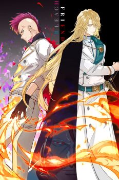 Rule 34 | 3boys, absurdres, bazz-b, black cape, black gloves, black hair, bleach, bleach: sennen kessen-hen, blonde hair, blue eyes, cape, closed mouth, coat, commentary, english commentary, english text, extra eyes, facial hair, fire, gloves, green eyes, hair between eyes, highres, jacket, jugram haschwalth, long hair, long sleeves, looking down, male focus, mohawk, multiple boys, mustache, pants, pink hair, quincy (bleach), short hair, sternritter, sword, terarenai, very long hair, wandenreich uniform, weapon, white coat, white jacket, white pants, yhwach