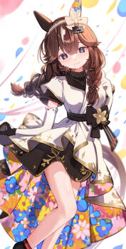 Rule 34 | animal ears, blush, braid, breasts, curren bouquetd'or (umamusume), dress, elbow gloves, gloves, grey eyes, hair between eyes, hair ornament, hairband, highres, horse ears, horse girl, horse tail, low twin braids, petals, ribbon, simple background, small breasts, smile, tail, twin braids, umamusume, white background, yomean!