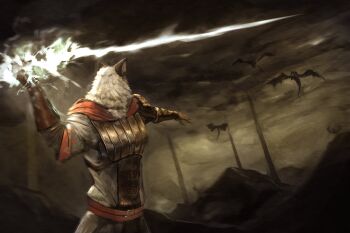 1boy character_request commentary_request commission copyright_request dark_souls_(series) dark_souls_i dragon furry furry_male graffitigw highres holding_lightning_bolt male_focus scene_reference solo standing