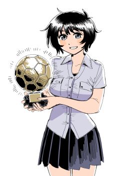 Rule 34 | 1girl, absurdres, ball, black hair, blush, breasts, cowboy shot, grin, heidi (heytherenrds), highres, holding, holding trophy, large breasts, original, pleated skirt, shirt, short hair, simple background, skirt, smile, soccer ball, solo, trophy, white background
