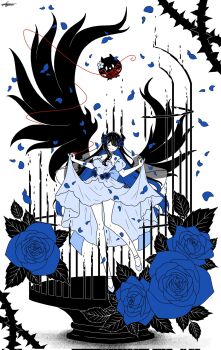 arjuna_625 asymmetrical_horns bare_legs birdcage black_hair black_horns black_wings blue_flower blue_petals breasts bridal_veil cage closed_eyes clothes_lift commentary demon_horns dress dress_lift english_commentary falling_petals flower highres hololive hololive_english horn_flower horns jailbird_(nerissa_ravencroft) large_breasts long_hair nerissa_ravencroft oyomeholic_(nerissa_ravencroft) petals strapless strapless_dress string string_of_fate thorns uneven_horns veil virtual_youtuber wedding_dress white_background white_dress wings