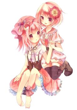 2girls absurdres aki_minoriko aki_shizuha ankle_garter barefoot black_legwear blonde_hair choker feet female_focus flower full_body hair_flower hair_ornament hat highres kedama_milk multiple_girls pink_eyes pink_hair red_hair short_hair siblings sisters thighhighs toenails touhou transparent_background