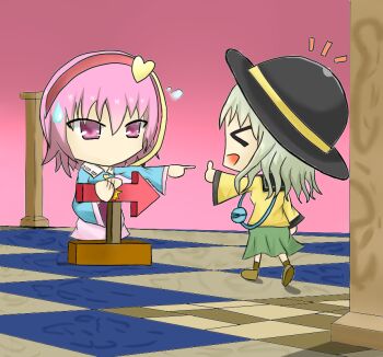 Rule 34 | > <, 2girls, :d, > <, arrow (symbol), artist request, eyeball, gameplay mechanics, hat, komeiji koishi, komeiji satori, komeiji satori no jousou kyouiku, multiple girls, open mouth, pink hair, short hair, siblings, sisters, smile, third eye, thumbs up, touhou, xd