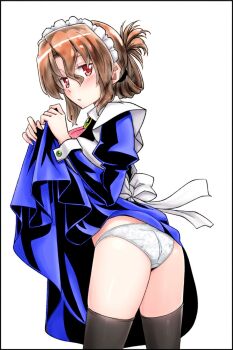 1girl apron ass brown_hair butt_crack clothes_lift colorized folded_ponytail hata_kenjirou hayate_no_gotoku! highres jewelry maid maid_apron maid_headdress maria_(hayate_no_gotoku!) open_mouth panties red_eyes skirt skirt_lift solo thighhighs thighs underwear