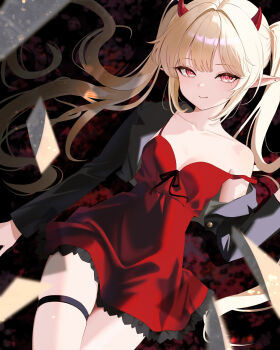 1girl absurdres black_ribbon black_suit blonde_hair breasts closed_mouth cropped_jacket crossed_legs demon_horns dress eyelashes fang formal_clothes highres horns jacket lapels long_hair long_sleeves looking_at_viewer lying mole mole_under_eye original pointy_ears red_dress red_eyes ribbon short_dress sidelocks single_bare_shoulder sleeveless sleeveless_dress small_breasts smile solo suit suit_jacket thigh_strap twintails yuuca