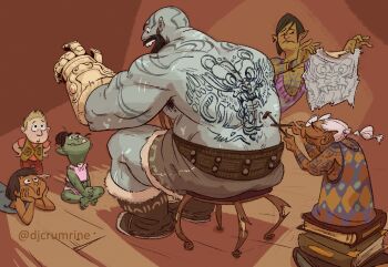 2boys 4girls armpit_hair armpit_hair_peek back back_tattoo bald bara beard blue_skin breaking chair character_request child colored_skin critical_role dark-skinned_female dark_skin djcrumrine drawing dungeons_&amp;_dragons dungeons_&amp;_dragons facial_hair female_orc from_behind gauntlets grog_strongjaw happy head_tattoo looking_at_another mature_male multiple_boys multiple_girls muscular muscular_male mustache old old_woman on_chair orc pectorals shorts sitting size_difference smile talking tattoo the_legend_of_vox_machina thick_eyebrows topless_male triceps tusks