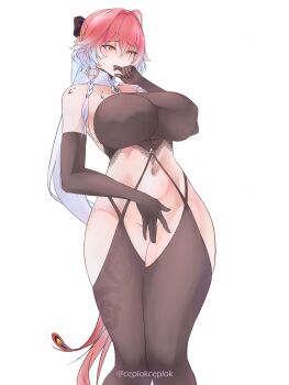 Rule 34 | 1girl, absurdres, azur lane, bare shoulders, brown gloves, ceplokceplok, changli (wuthering waves), chen hai (azur lane), chen hai (azur lane) (cosplay), chen hai (retrofit) (azur lane), cosplay, covering privates, elbow gloves, embarrassed, gloves, gradient hair, highres, lace trim, long hair, multicolored hair, pink hair, solo, taut bodysuit, very long hair, wuthering waves