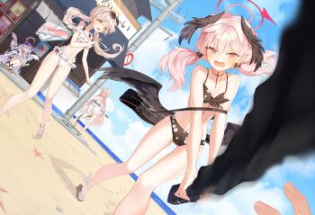 1other 4girls :d ^_^ ahoge azusa_(blue_archive) azusa_(swimsuit)_(blue_archive) bare_shoulders beach bikini black_bow black_choker black_wings blue_archive blue_sky blush bow breasts brown_hair choker cleavage closed_eyes cloud collarbone commentary day dutch_angle embarrassed eyewear_on_head fang feathered_wings floating_hair floral_print floral_print_bikini foot_out_of_frame foreshortening frilled_bikini frills hair_bow halo hanako_(blue_archive) hanako_(swimsuit)_(blue_archive) head_wings hifumi_(blue_archive) hifumi_(swimsuit)_(blue_archive) holding holding_hose holding_weapon hose attacking_viewer jitome kedge koharu_(blue_archive) koharu_(swimsuit)_(blue_archive) large_breasts leaning_forward long_hair looking_at_viewer low_twintails low_wings make-up_work_club_(blue_archive) motion_blur multiple_girls navel off-shoulder_bikini off_shoulder official_alternate_costume official_alternate_hairstyle one_side_up open_mouth outdoors pink_bow pink_eyes pink_hair pink_halo pov pov_hands print_bikini red_halo round_eyewear ruffle_bikini sandals skin_fang sky small_breasts smile squatting standing starfish stomach strapless strapless_bikini sunglasses swimsuit tearing_up thighs tsurime twintails very_long_hair water weapon white_bikini white_hair white_sandals white_wings winged_halo wings yellow_eyes yellow_halo