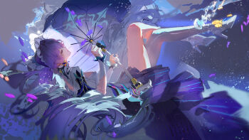 1girl absurdres cantarella_(wuthering_waves) chinese_commentary closed_eyes closed_mouth commentary_request crossed_legs dress earrings from_side headdress high_heels highres holding holding_umbrella jewelry long_hair parasol purple_hair purple_umbrella rafaelaaa shoes shrug_(clothing) solo thighs umbrella very_long_hair white_dress white_shoes white_shrug wuthering_waves