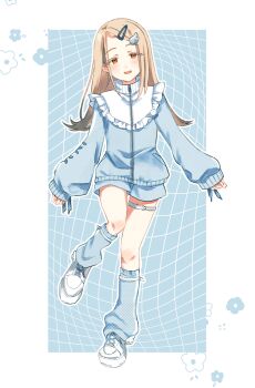 Rule 34 | 1girl, absurdres, blonde hair, blue background, blue jacket, blue leg warmers, blue ribbon, blue shorts, blush, coat, colored eyelashes, commentary request, frilled shirt collar, frills, full body, gakuen idolmaster, gradient hair, grey hair, hair ornament, hairclip, highres, idolmaster, jacket, kemi (0potecat0), leg warmers, long sleeves, multicolored hair, open mouth, orange eyes, parted bangs, puffy long sleeves, puffy sleeves, ribbon, ribbon-trimmed sleeves, ribbon trim, shinosawa hiro, shoes, shorts, smile, sneakers, solo, standing, standing on one leg, tenshi kaiwai, thigh strap, track jacket, track suit, two-tone background, white background, white coat, white shoes, wing hair ornament, zipper, zipper pull tab