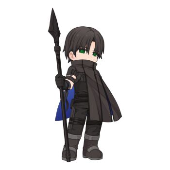 1boy belt black_belt black_gloves black_hair black_pants black_shirt chibi chibi_only covered_mouth full_body gloves green_eyes grey_cloak holding holding_polearm holding_weapon looking_at_viewer male_focus official_art pants polearm ragnarok_online shirt short_hair simple_background solo spear standing tan_(ragnarok_online) transparent_background weapon yuichirou
